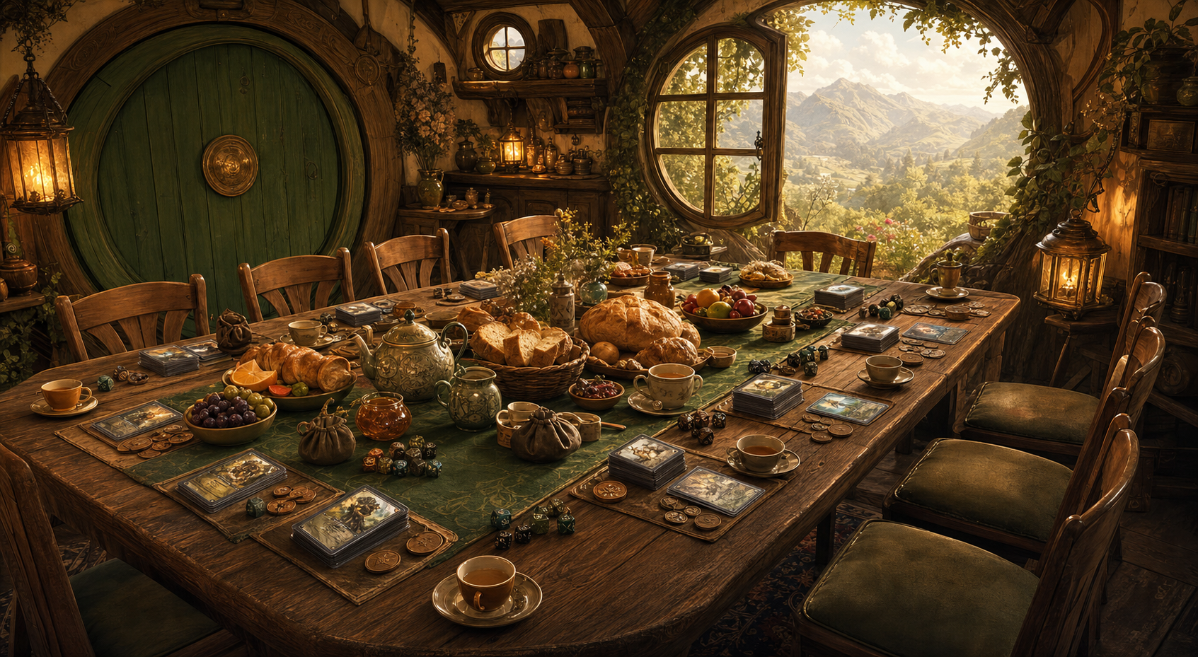A welcoming breakfast table set for twelve travelers with cards, dice, tea, and abundant provisions